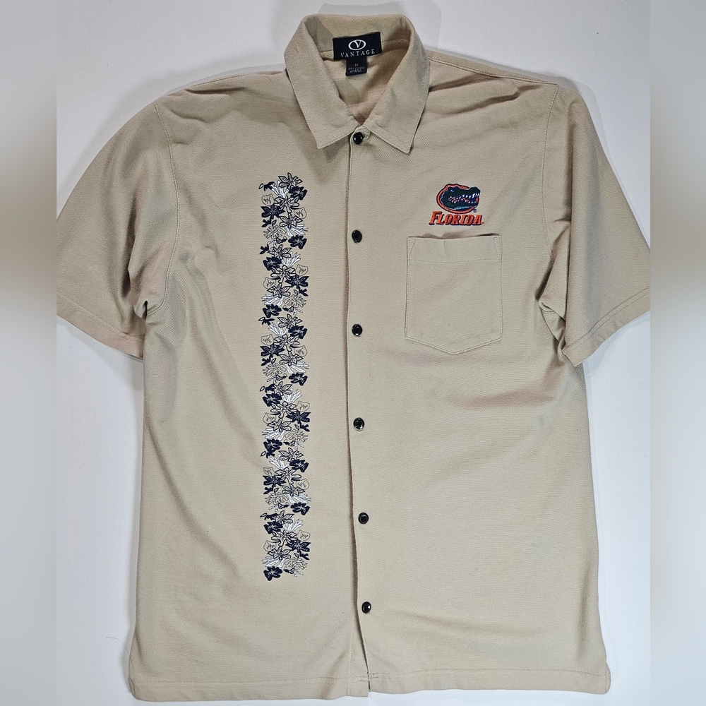 Florida Gators Button Down Shirt Mens Medium Beige Floral Design Vantage‎ NCAA